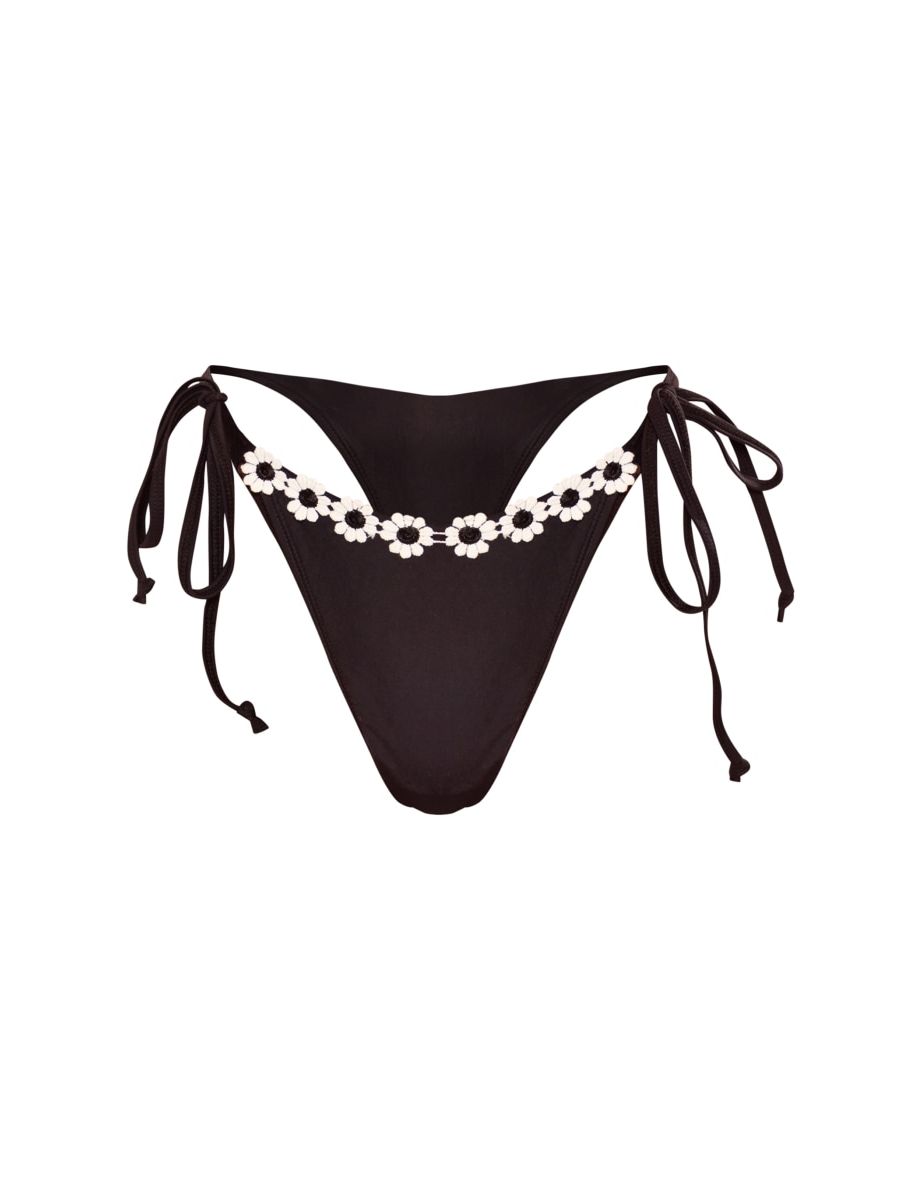 Black Flower Trim Tie Bikini Bottom - 4
