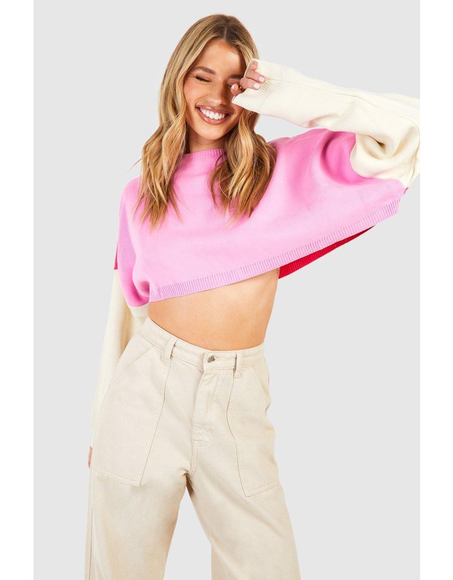 Shop Colour Block Fine Gauge Crop Jumper hot pink Online in Bahrain VogaCloset