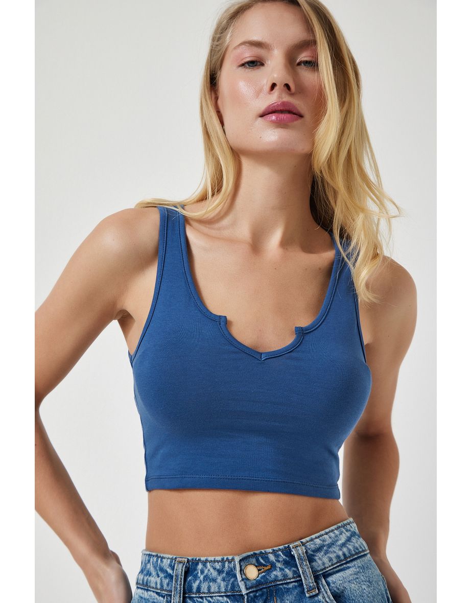 Women's Indigo Blue Strappy Crop Knitted Blouse