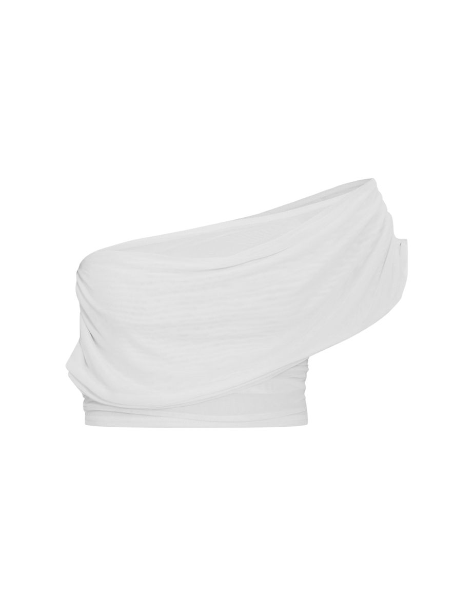 Petite White Mesh One Shoulder Ruched Crop Top - 4