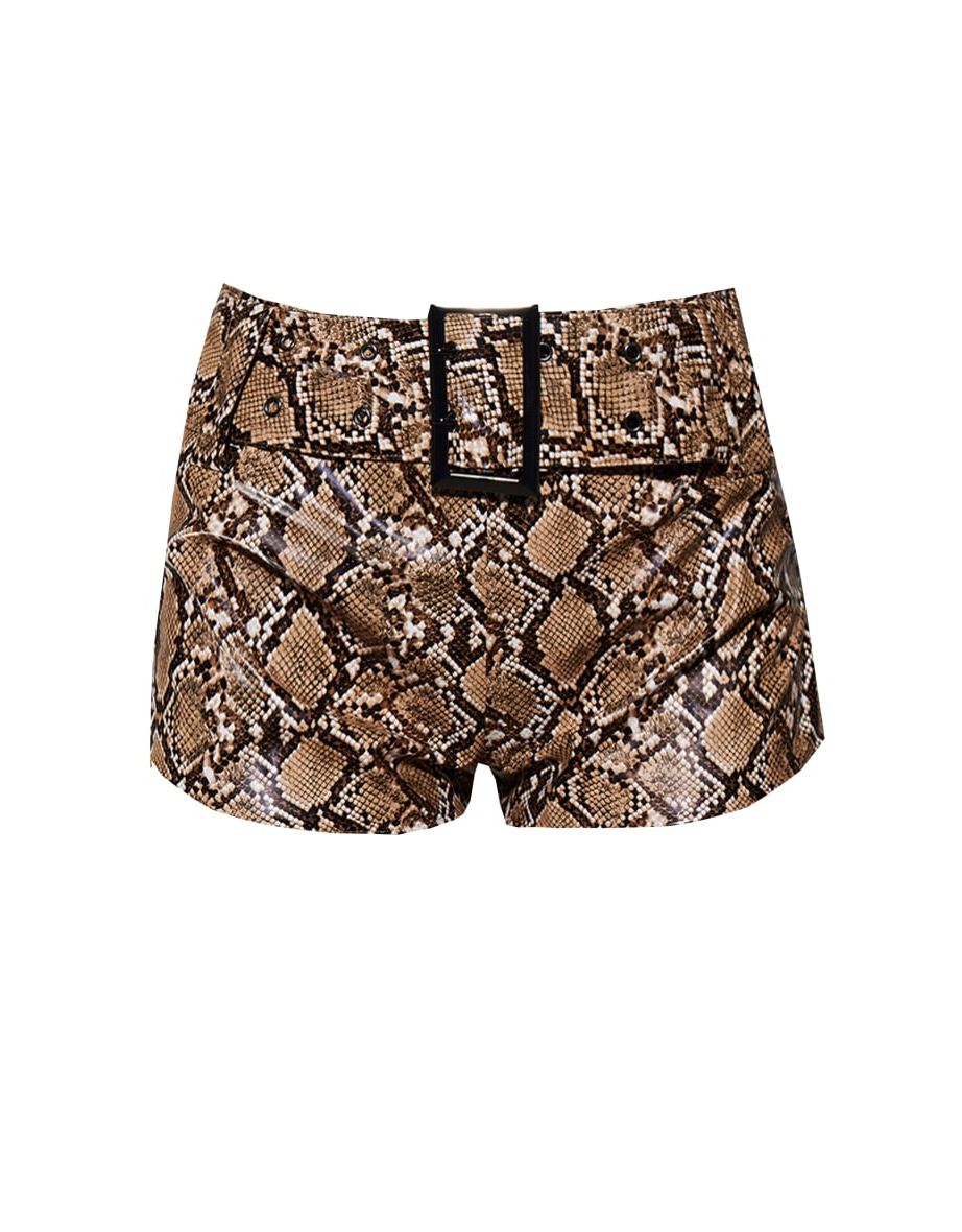 Brown Faux Leather Snakeskin Buckle 90's Shorts - 5