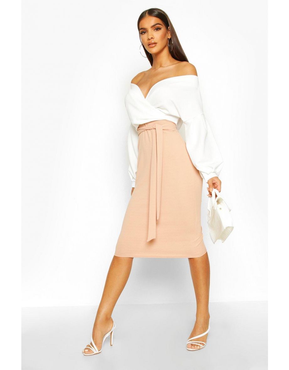 Contrast Off Shoulder Wrap Midi Dress - stone - 3