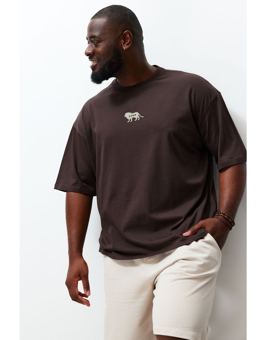 Plus Size Dark Brown Men's Oversize Comfortable Animal Print Embroidery 100% Cotton T-Shirt - 7