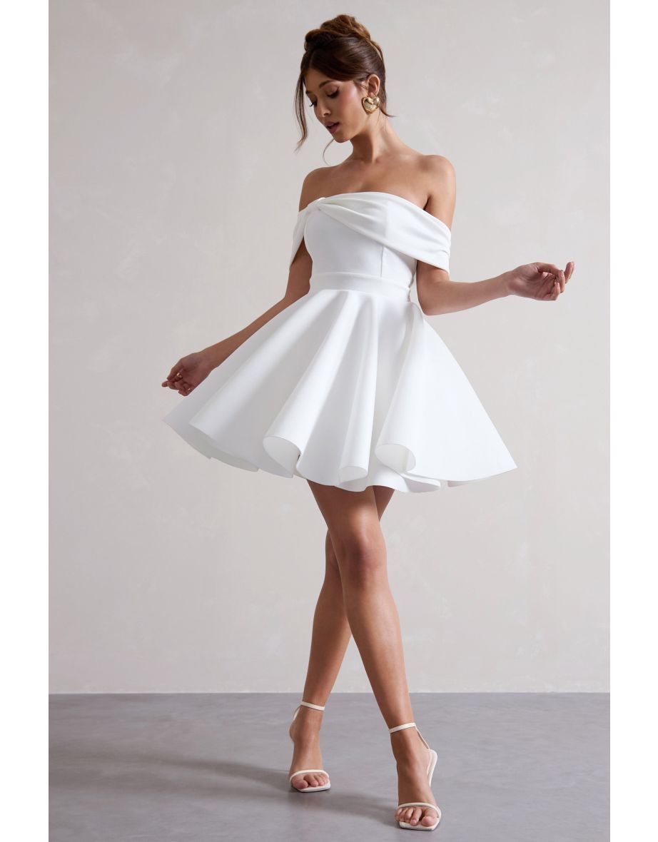 Snowfall | White Bardot Bow Skater Mini Dress - 4