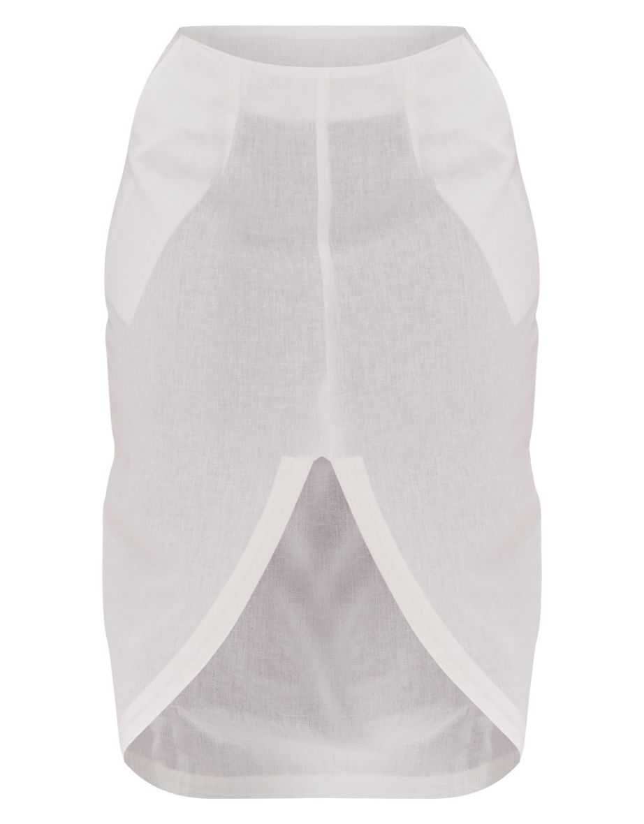 Plus White Linen Look Split Front Midi Skirt - 4