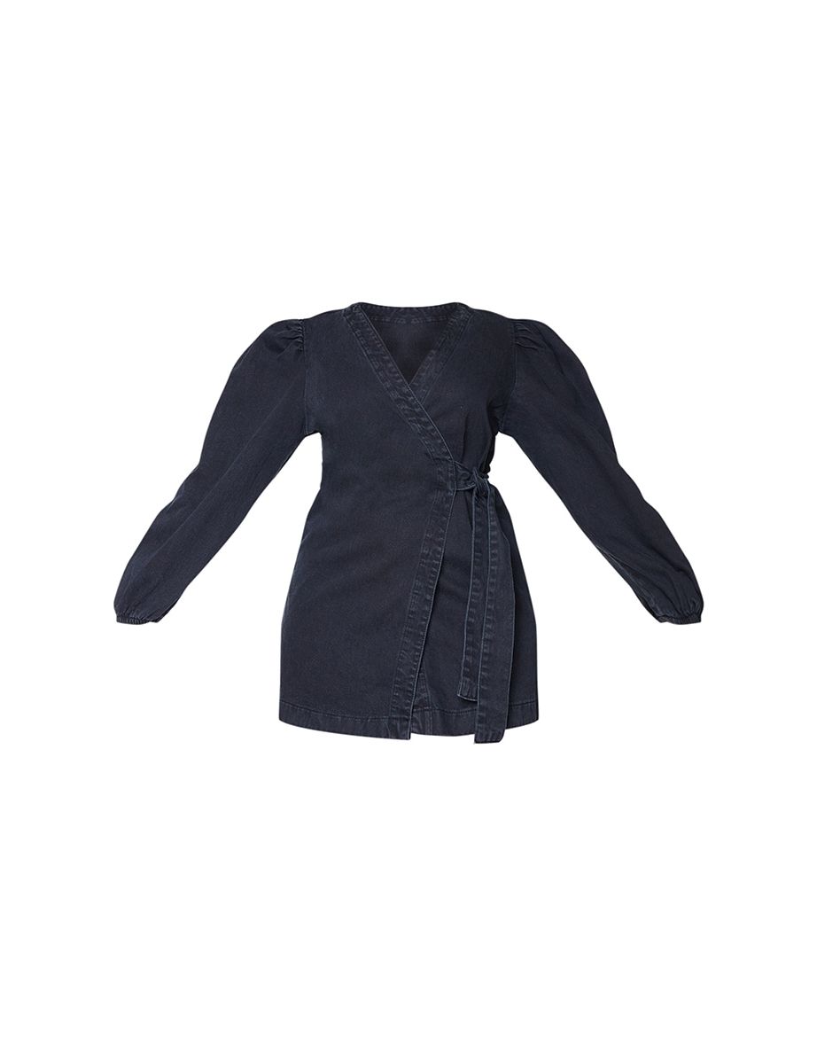 Plus Black Denim Puff Sleeve Wrap Dress - 4
