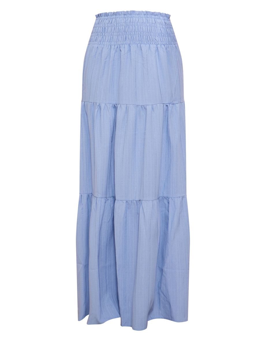 Dusty Blue Cheesecloth Shirred Waist Tiered Maxi Skirt - 4