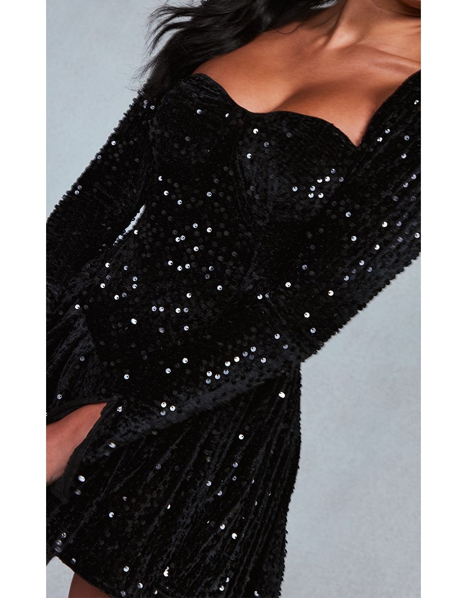 Black Sequin Cup Detail Long Sleeve Skater Playsuit - 3