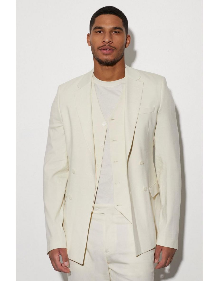 Tall Double Breasted Slim Linen Suit Jacket - ecru
