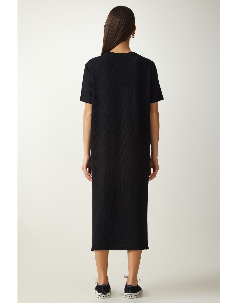 Women's Black Crew Neck Knitted Ribbed Dress - 5
