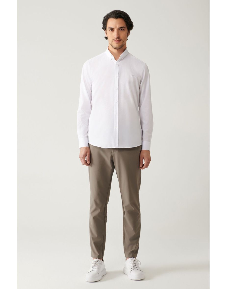 Men's White Buttoned Collar Easily Ironable Oxford Cotton Standard Fit Normal Cut Shirt