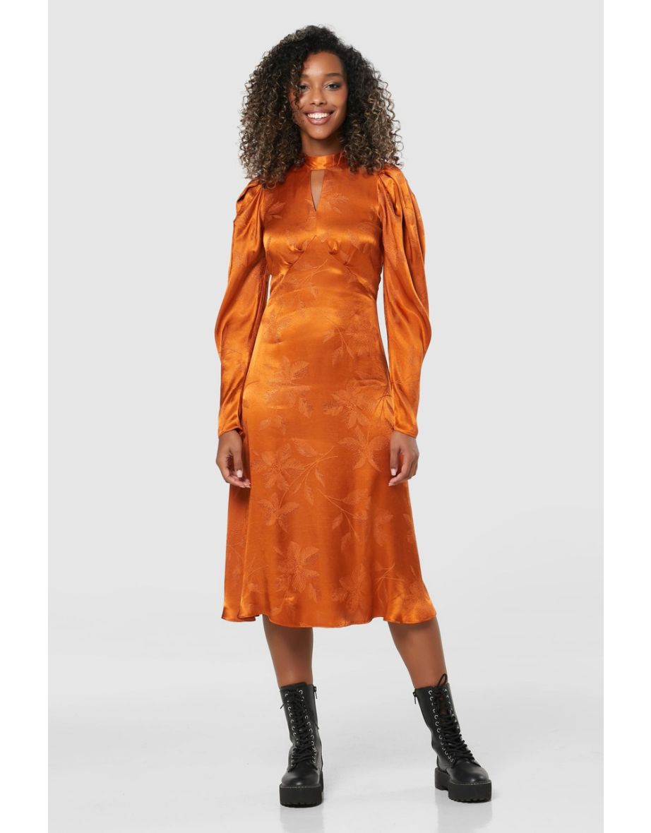 Shop Closet London Orange High Neck Floral Puff Sleeve Midi Dress Online in Oman VogaCloset