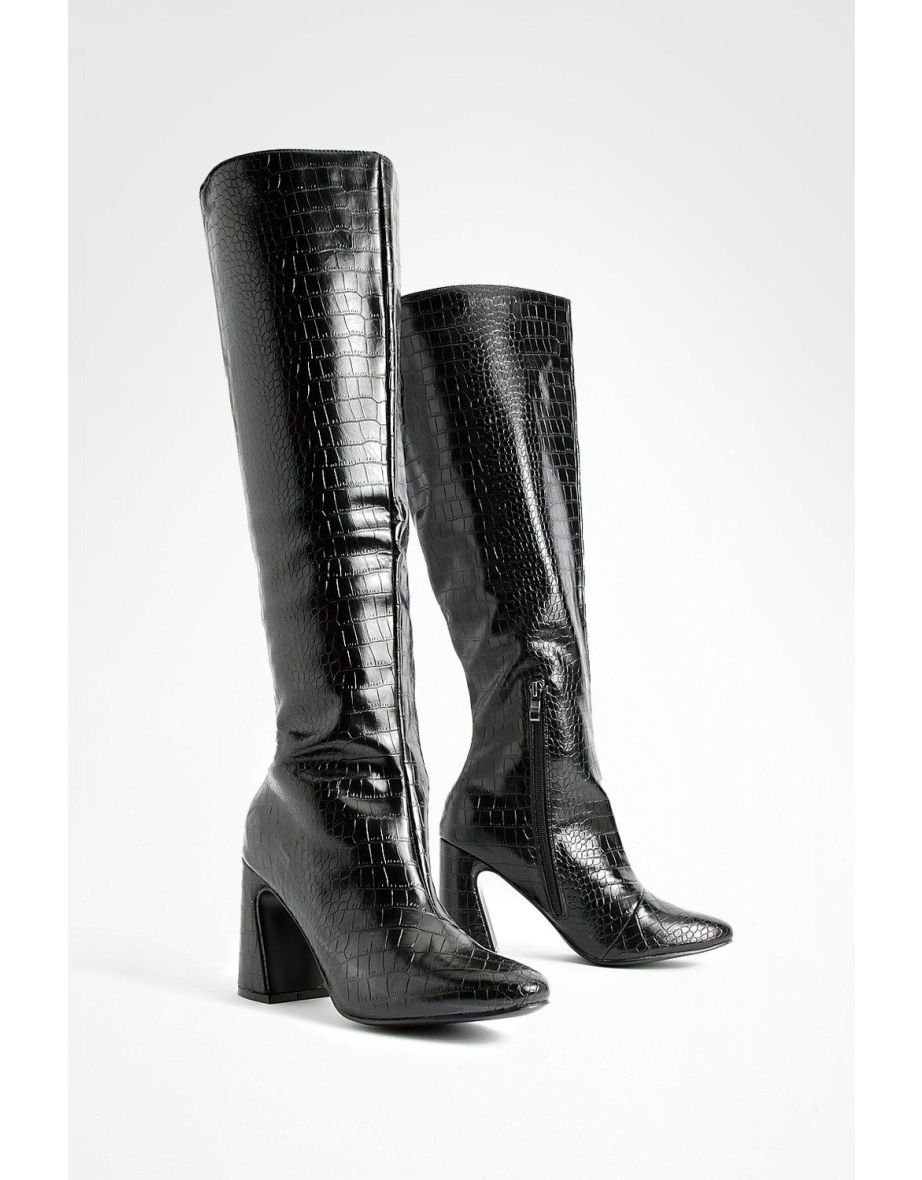 Black over the outlet knee flared heel boots