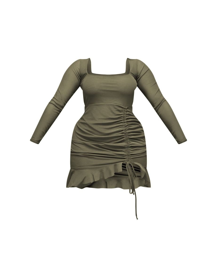 Shape Khaki Mesh Long Sleeve Ruched Side Frill Hem Bodycon Dress - 4