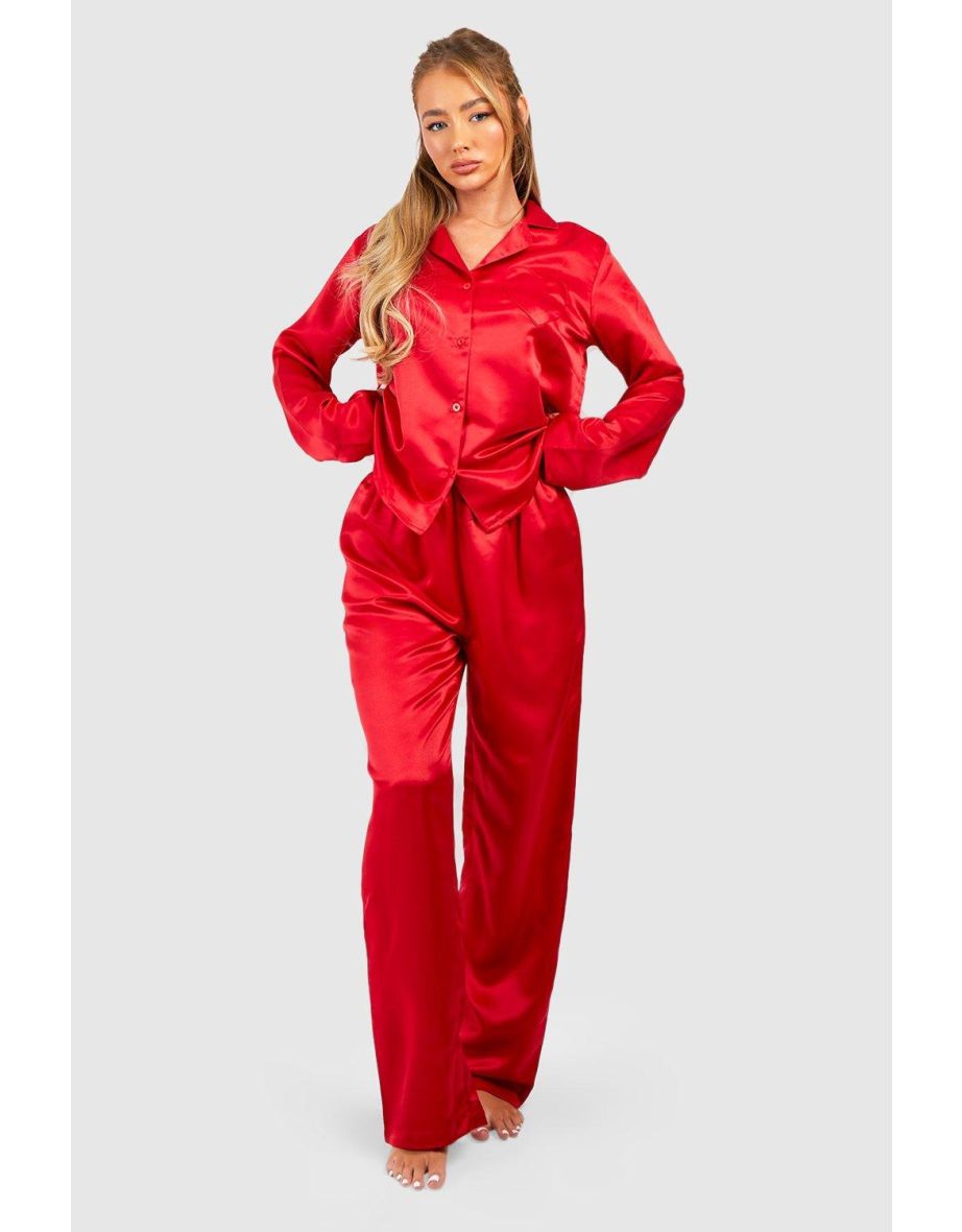 Heart Detail Pocket Button Front Pyjamas - red
