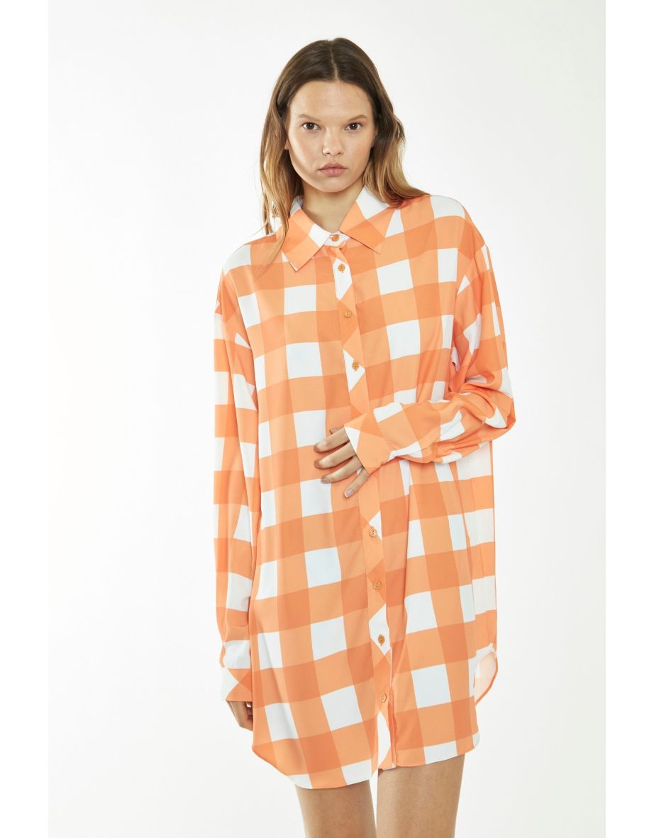 Orange-White Gingham Long-Sleeve Mini Shirt Dress