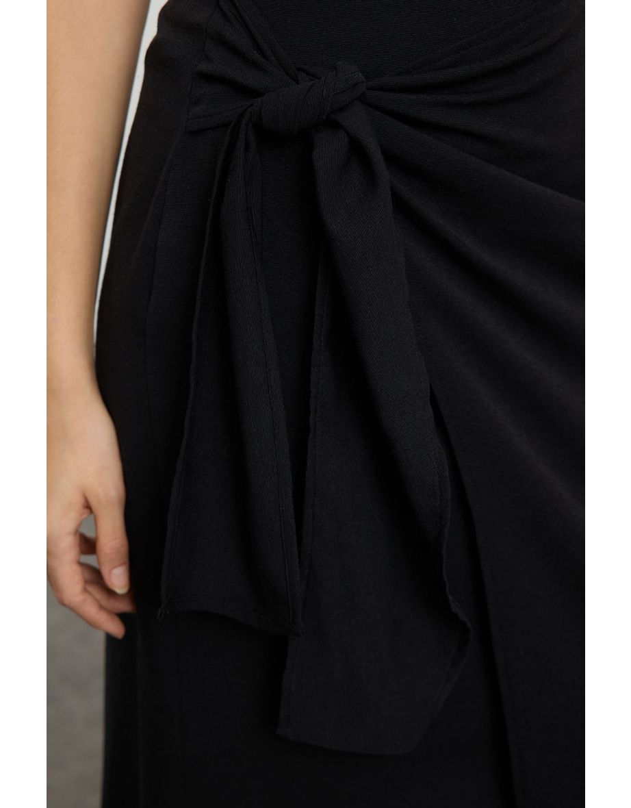Black Double Breasted Tie Detailed Woven Linen Look Skirt - 4