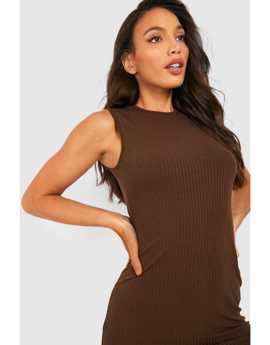 Tall Knitted Rib Split Front Sleeveless Midi Dress - chocolate - 3