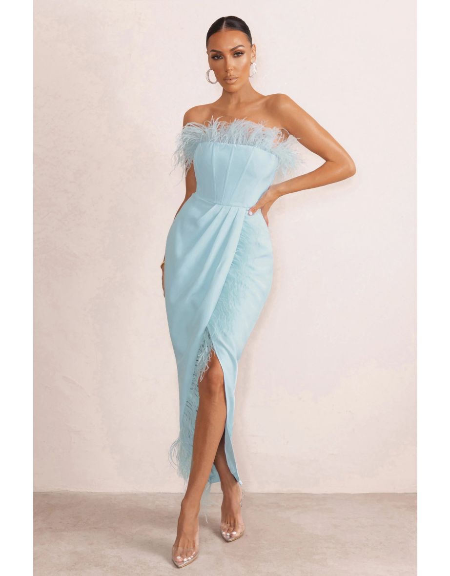 Cosmo | Powder Blue Bandeau Corset Midi Dress With Feather Trim