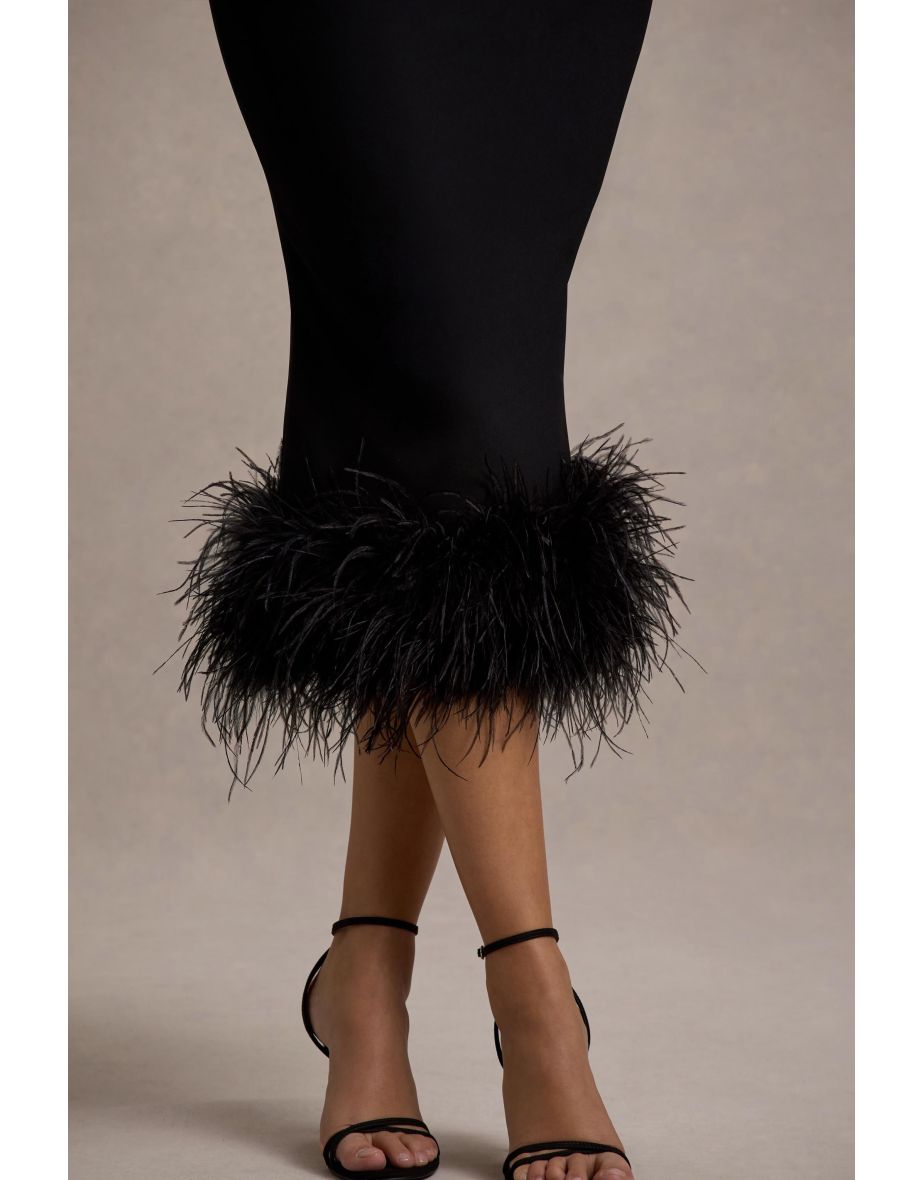 Titania | Black Twist-Neck Feather Hem Midi Dress - 6