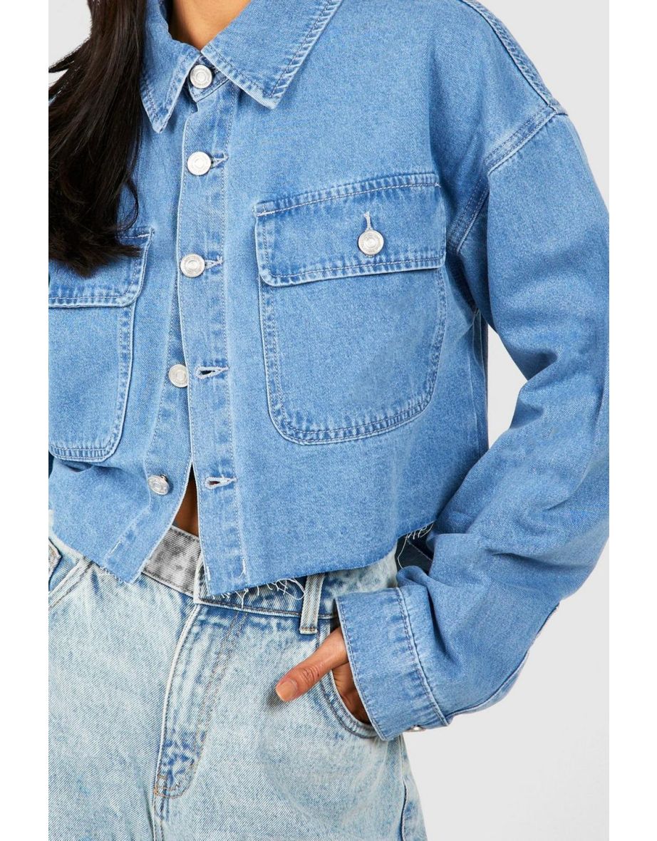 Raw Hem Curved Back Cropped Denim Shirt - light blue - 3