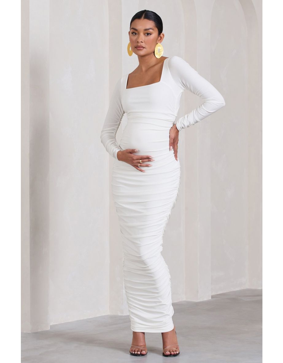 Prissie | White Ruched Square-Neck Long-Sleeve Maternity Maxi Dress - 4