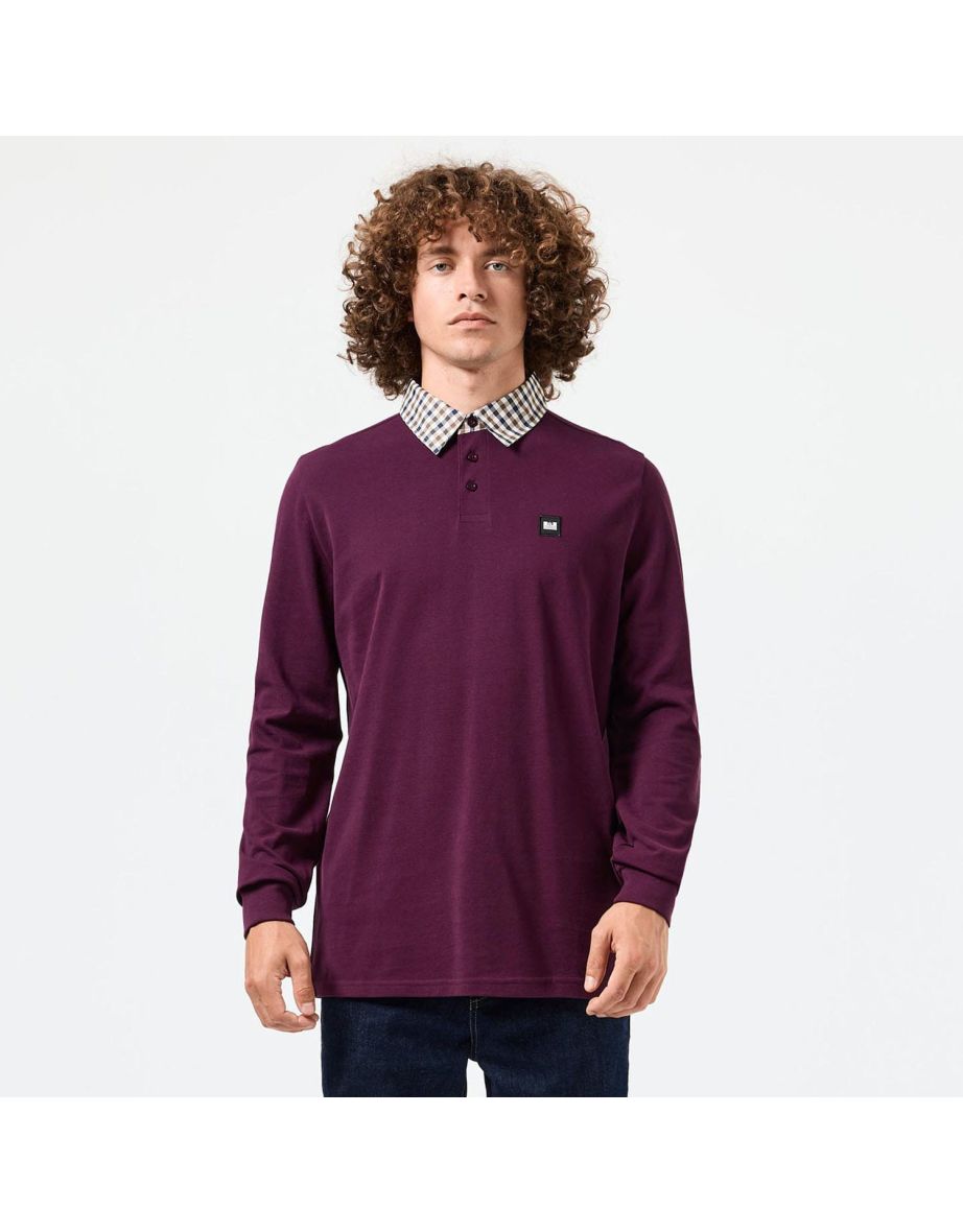 Men's Weekend Offender Walker Check Collar Long Sleeve Polo Shirt in Red