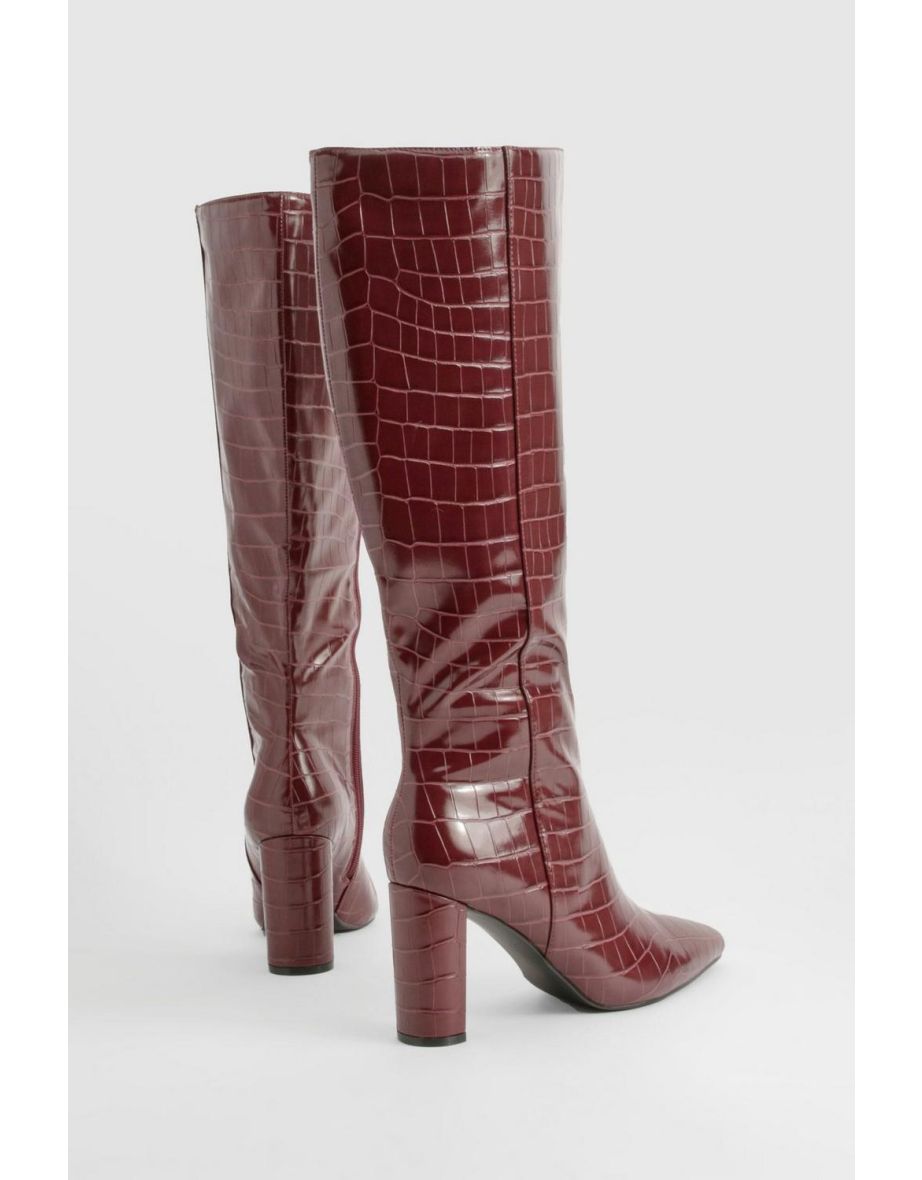 Wide Fit Croc Pointed Knee High Heeled Boots - oxblood - 3