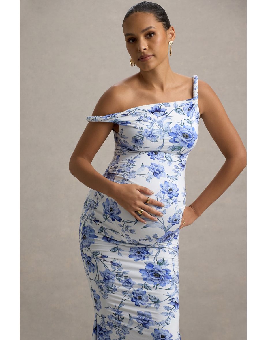 Lita | Blue Floral Print Twisted Asymmetric Maternity Maxi Dress - 3