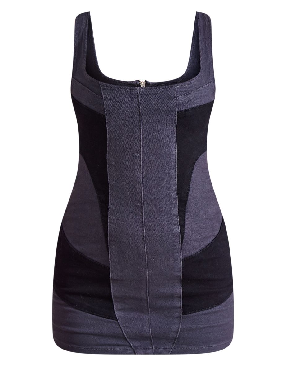 Black Contrast Panel Detail Denim Dress - 4