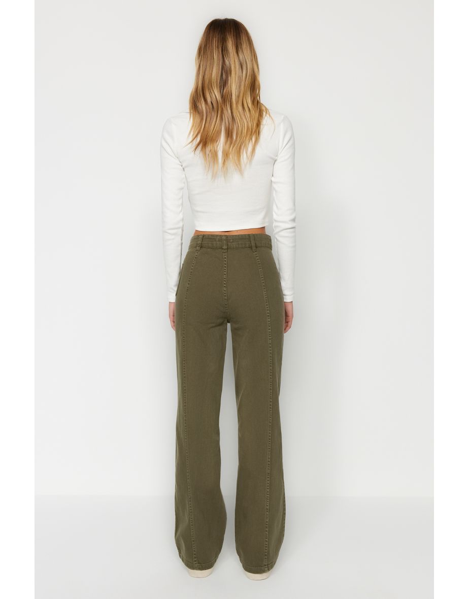 Khaki Pocket Detailed Zipper High Waist Wide Leg Jeans - 5