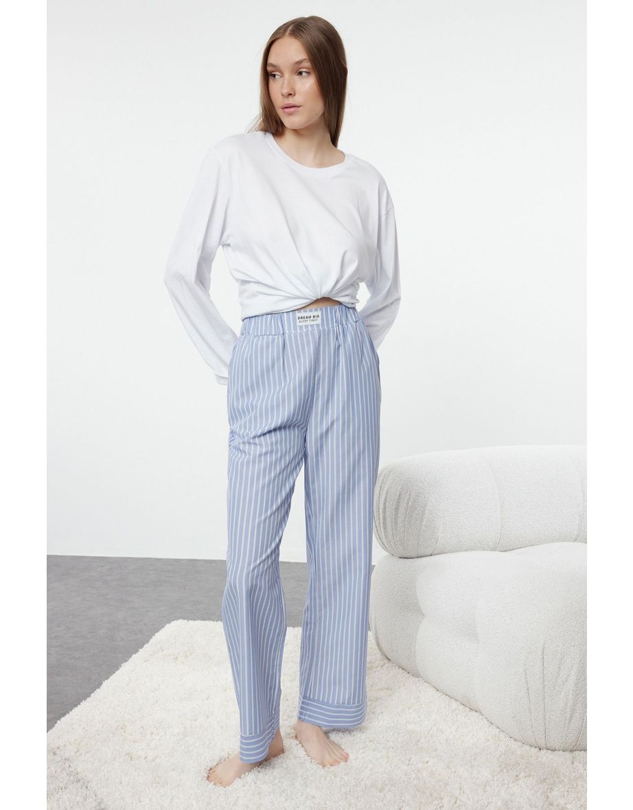 Blue 100% Polyester Striped Poplin Woven Pajama Bottoms