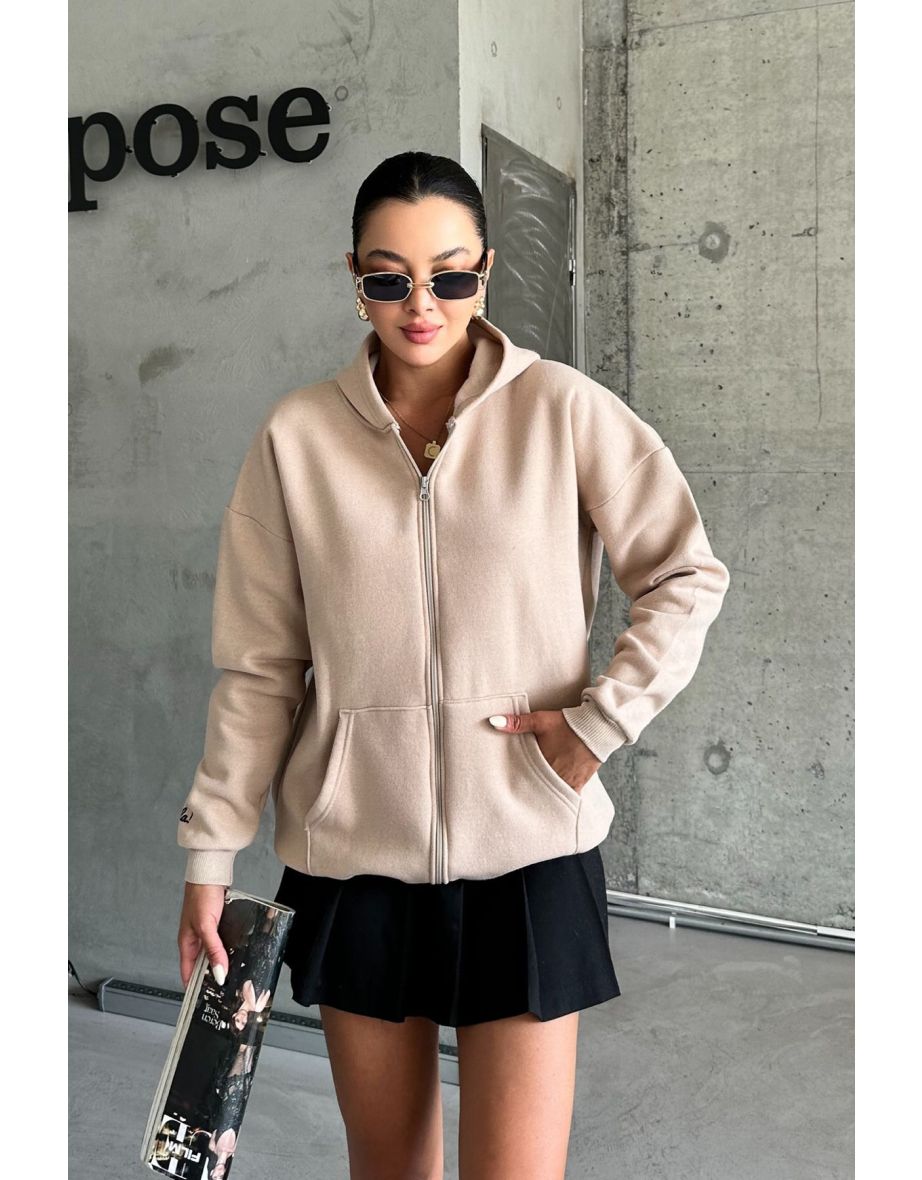 Beige Hola Printed Oversize Zipper Hoodie - 6