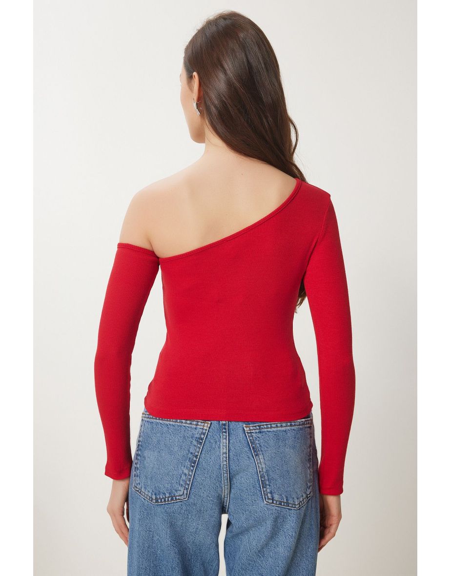 Women's Red Navy Blue Open Shouldered Ribbed 2-Piece Knitted Blouse - 8