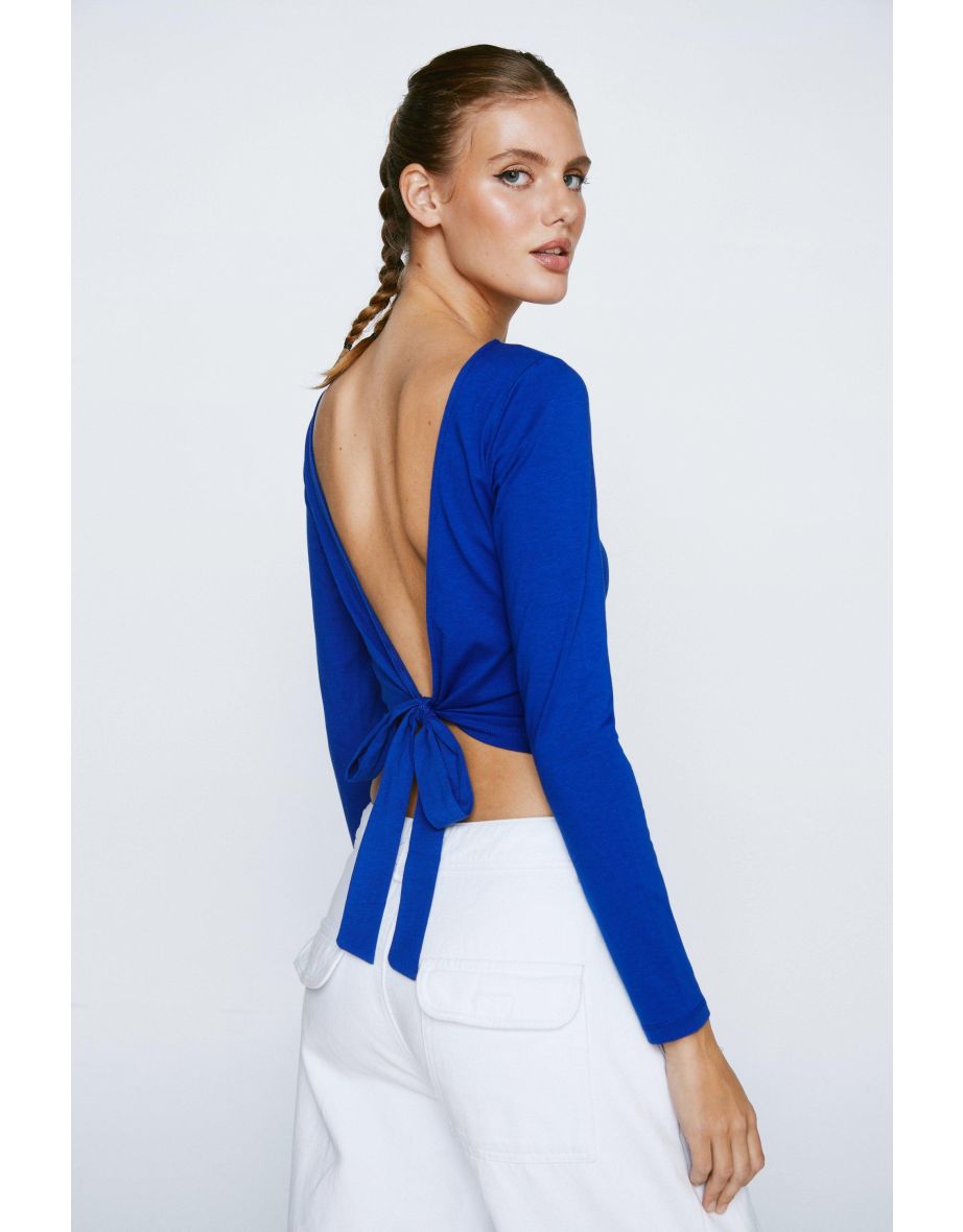 Slash Neck Tie Up Back Long Sleeve Top