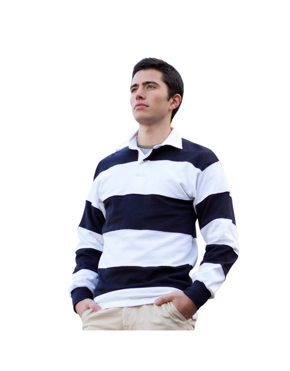 Front Row Mens Stripe Sewn Rugby Polo Shirt - White/Navy