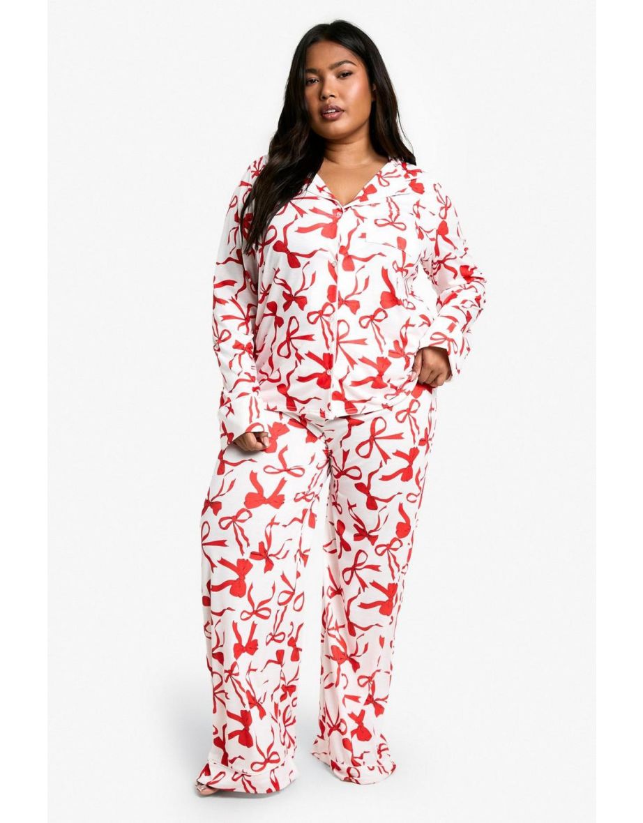 Plus All Over Bow Print Jersey Trouser PJ Set - pink