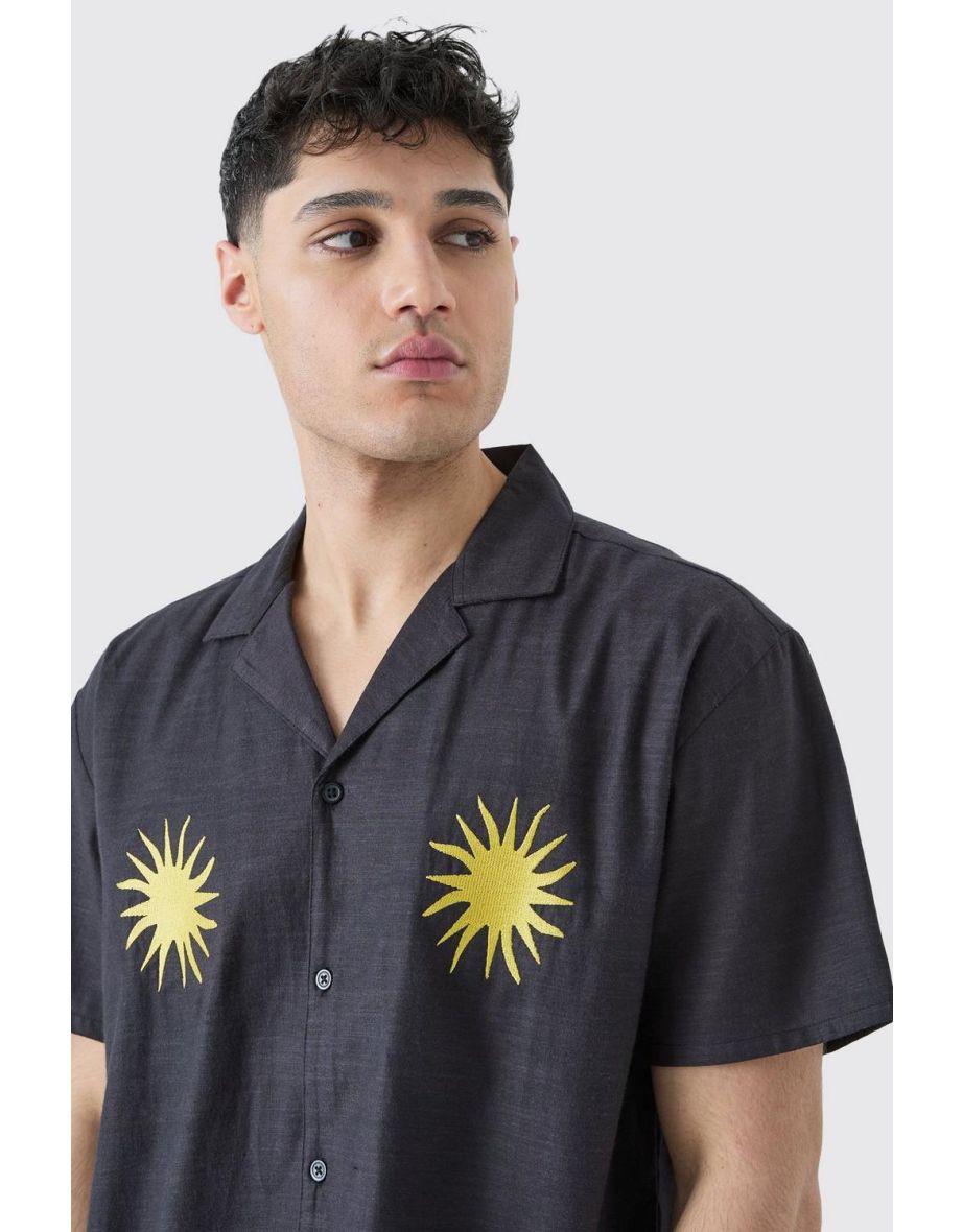 Oversized Linen Look Sun Embroidered Shirt - black - 2