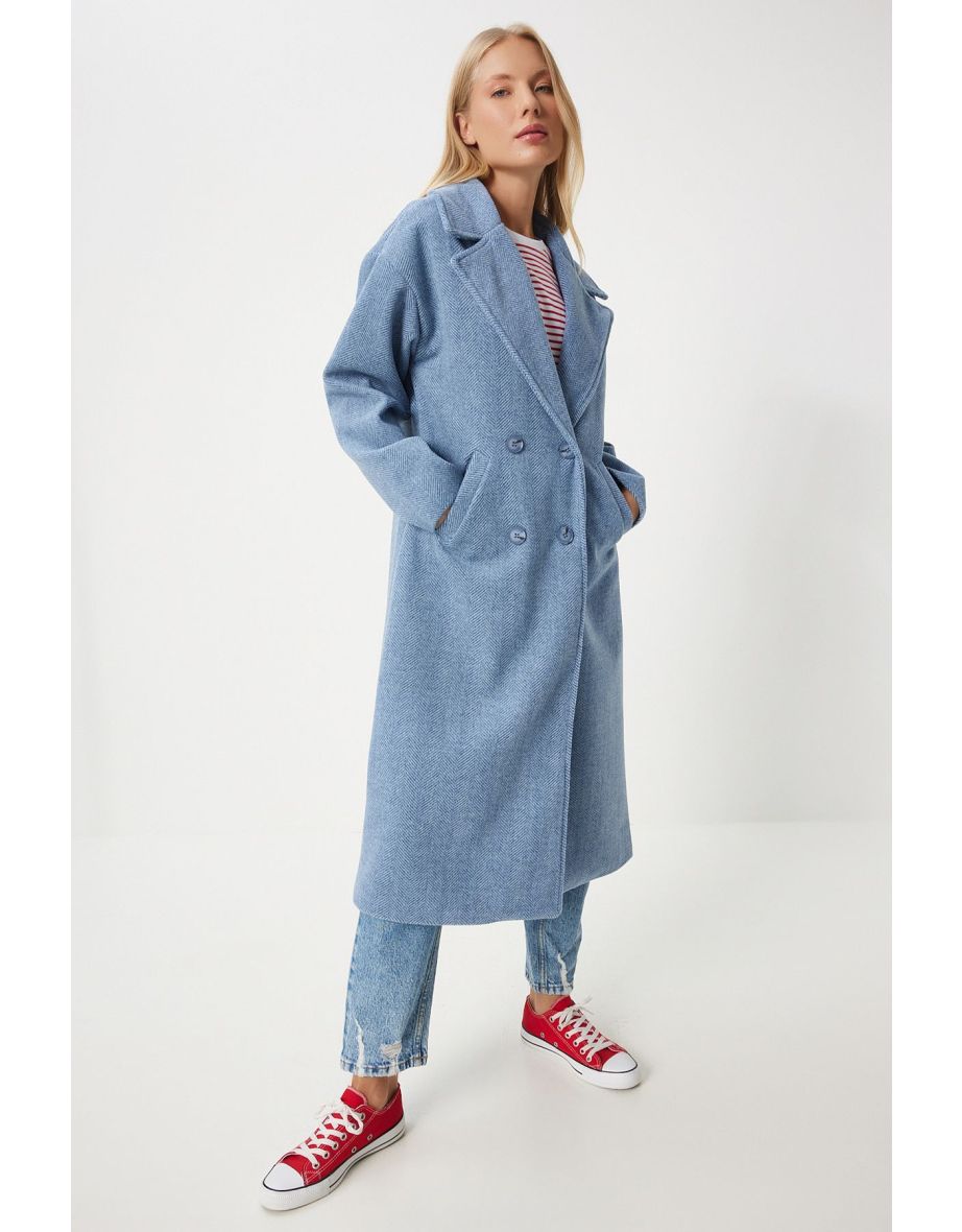 Women's Blue Double Breasted Cashmere Coat
