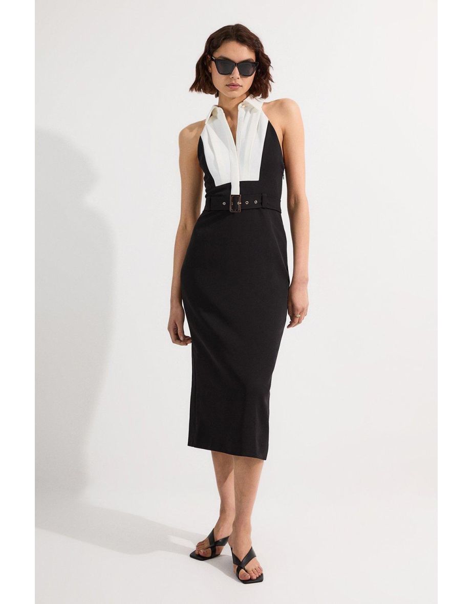 Twill Contrast Collar Woven Halter Neck Midi Dress