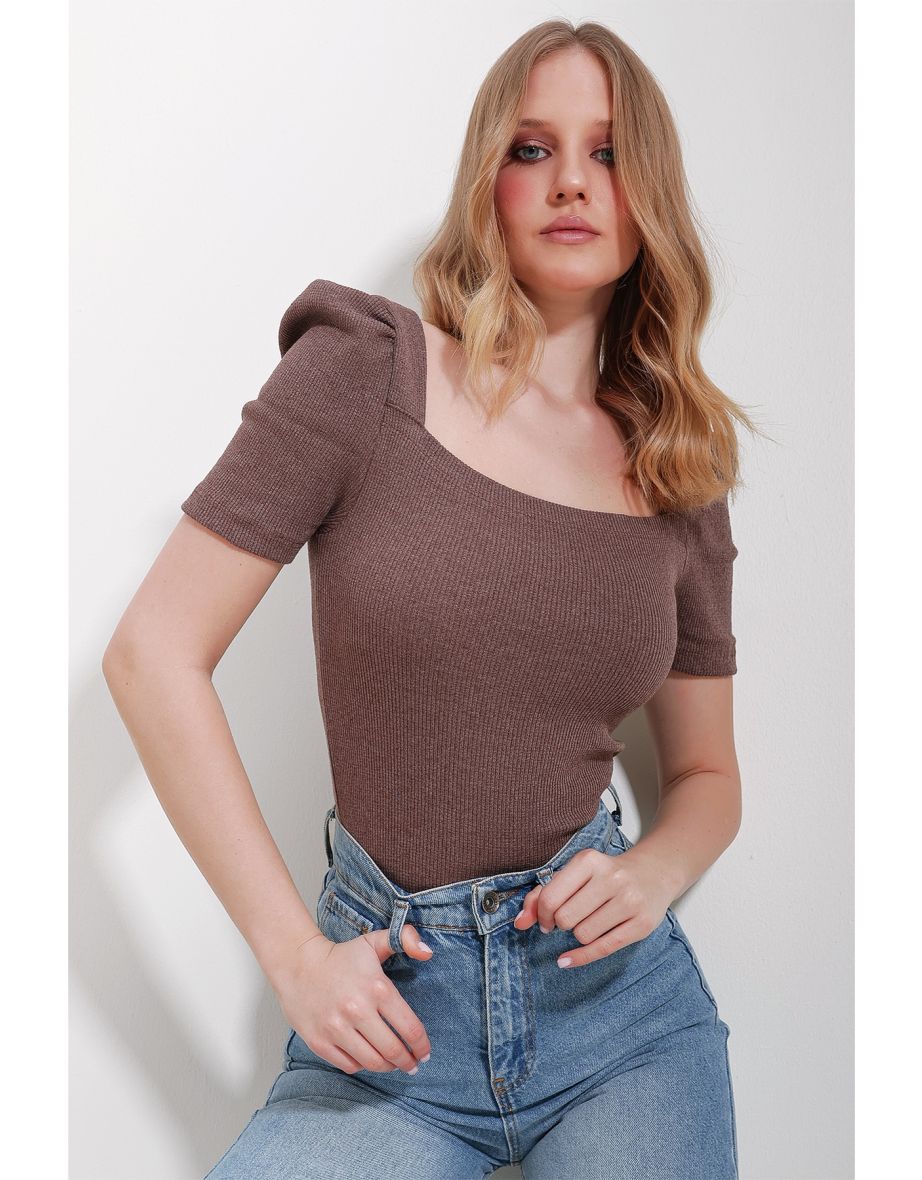 Women's Light Brown Square Neck Princess Sleeve Regular Fit Blouse