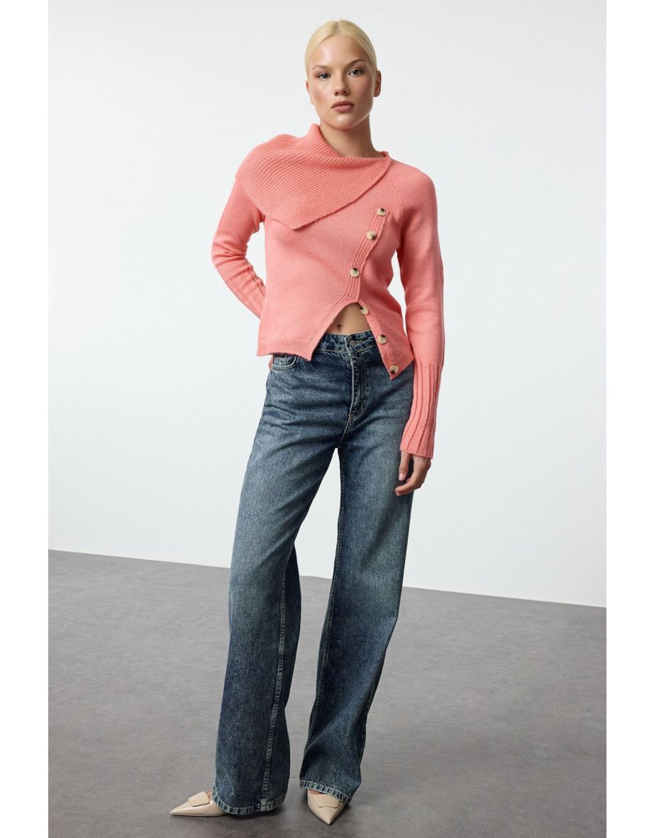 Peach Turn-down Collar Asymmetric Button Detail Soft Texture Knitwear Sweater