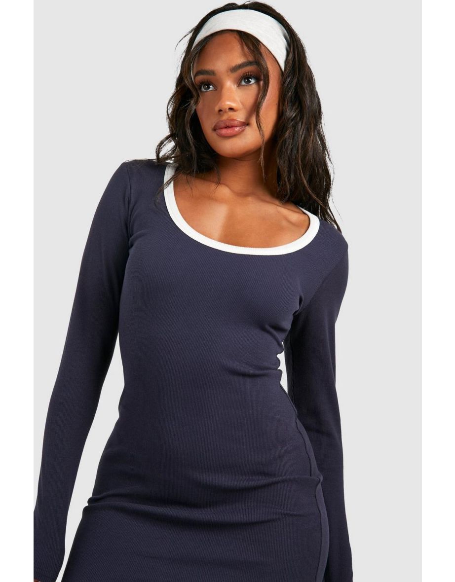 Premium Contrast Rib Scoop Neck Bodycon Dress - 3