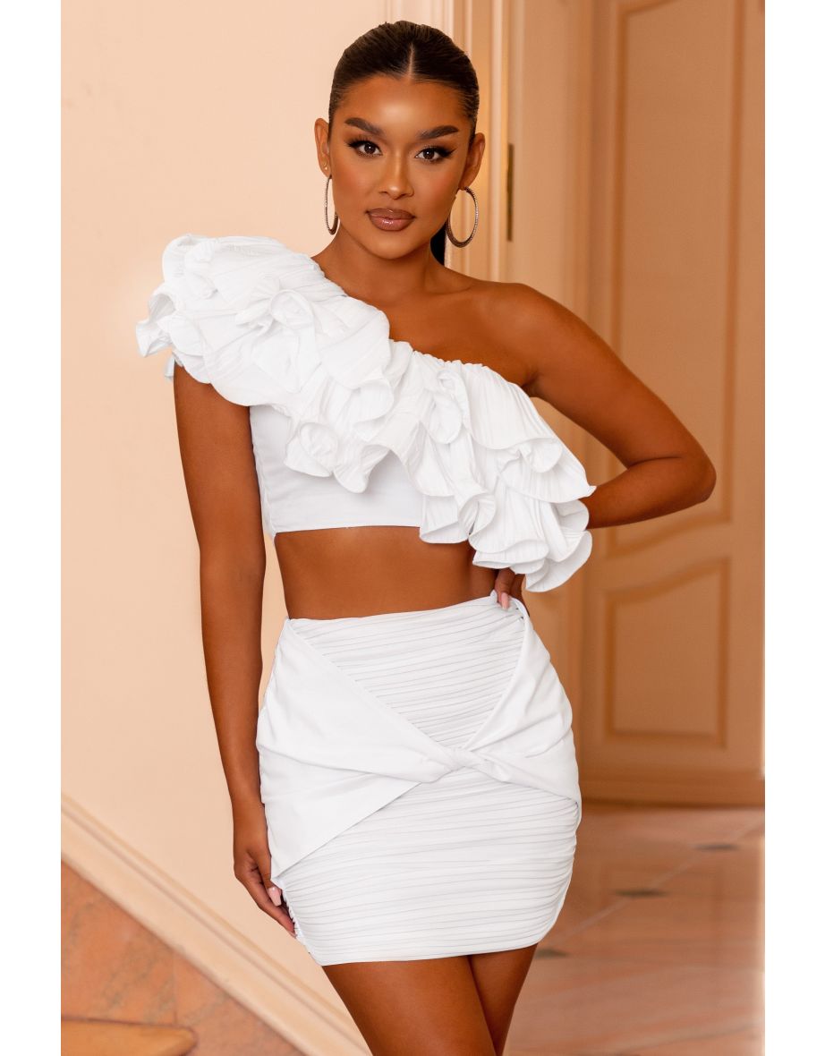 one shoulder ruffle white top