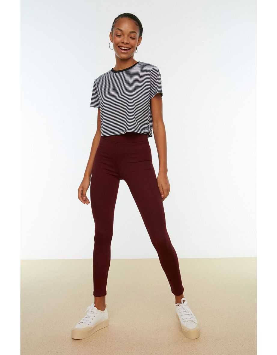 Burgundy Gathering High Waist Knitted Leggings with Elastic Waist