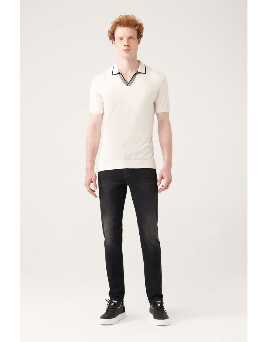 Men's White Buttonless Polo Collar with Stripe Detail and Ribbed Standard Fit Normal Cut Knitwear T-shirt A