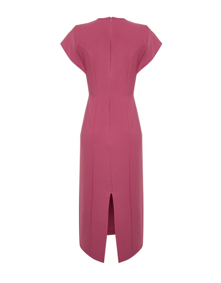 Dried Rose Body Wrap Low Sleeve Crew Neck Woven Midi Dress - 6