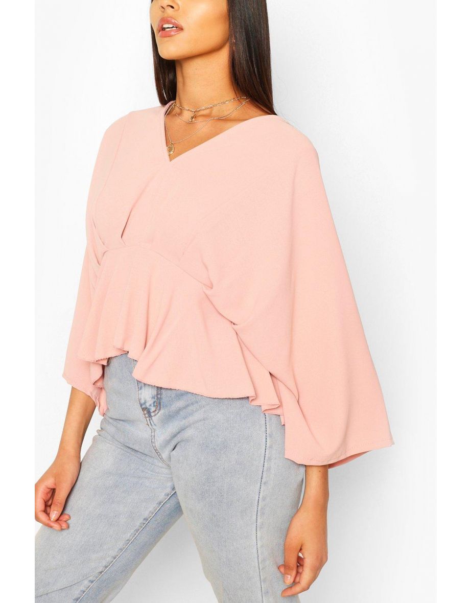 Woven Pleated Kimono Sleeve Top - blush