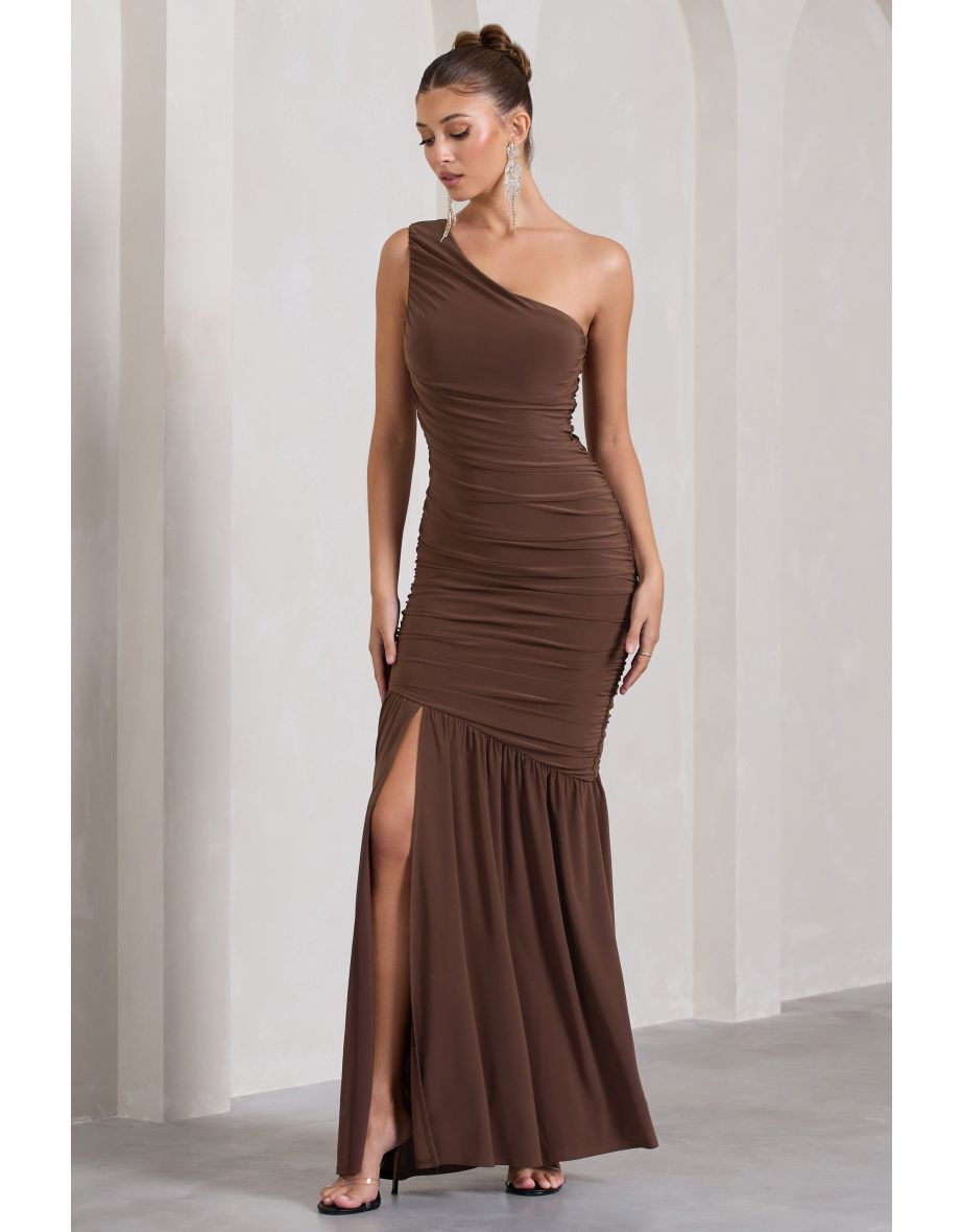 The Limelight | Chocolate Asymmetric Ruched Fishtail Maxi Dress