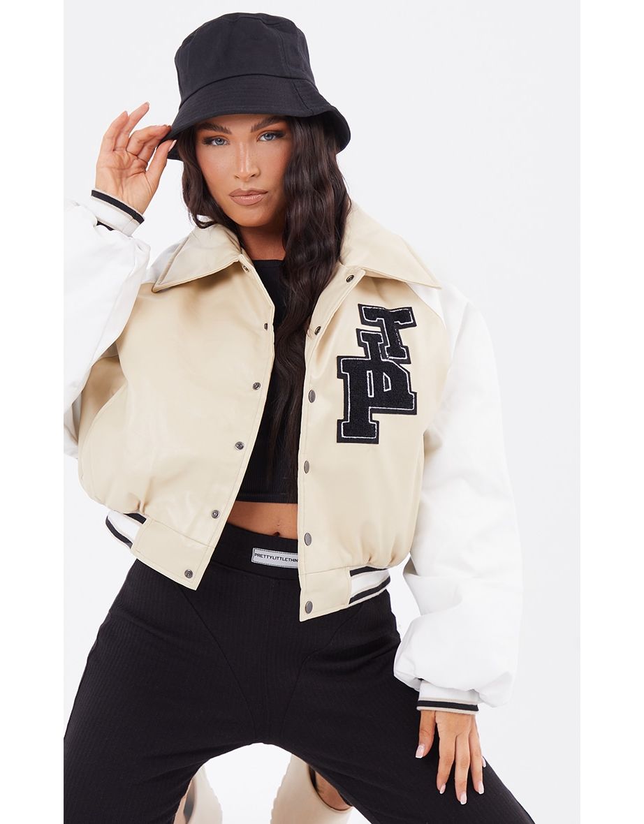 Beige Faux Leather Raglan Sleeve Cropped Varsity Bomber Jacket - 3